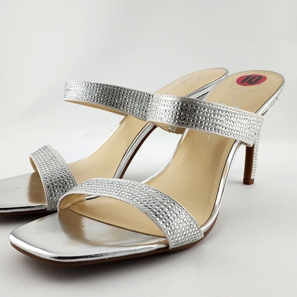 Jessica Simpson Silver Rhinestone Double Strap Slip On High Heel Sandals Size 10 - Picture 1 of 15
